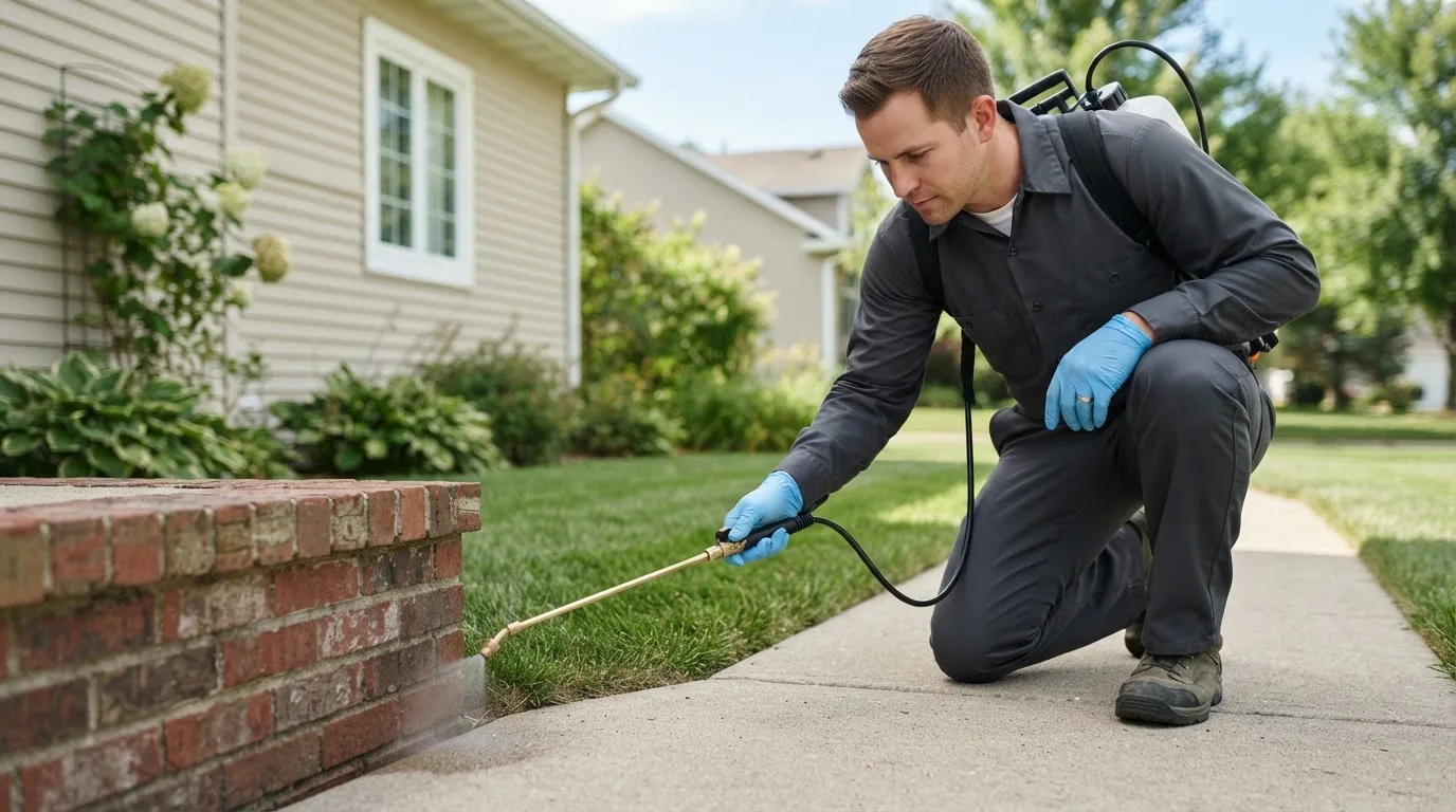 Pest control technician treating a home near Woodridge, IL